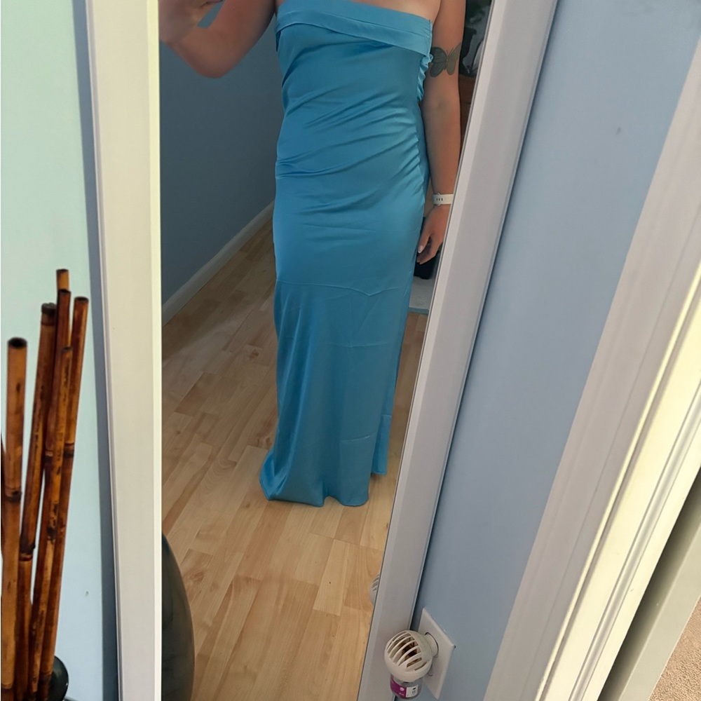 Blue Satin Strapless Dress